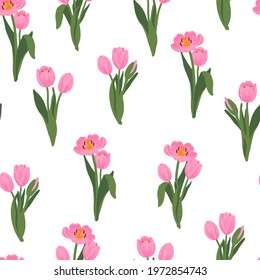 Seamless floral pattern red, yellow, purple, pink tulips and green leaves. Spring flowers background for wrapping, textile, wallpaper, scrapbook, Easter, Happy Mothers, Womens Day. Flat cartoon design