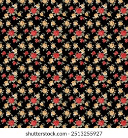 Patrón floral inconsútil con las flores rojas y amarillas en el fondo negro para el diseño de la tela y de la materia textil, Ilustración vectorial de los patrones de las flores