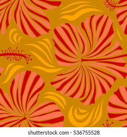 Seamless floral pattern with red, yellow and orange hibiscus flowers, watercolor. Vector flower illustration. Seamless pattern with floral motif. Vector illustration.
