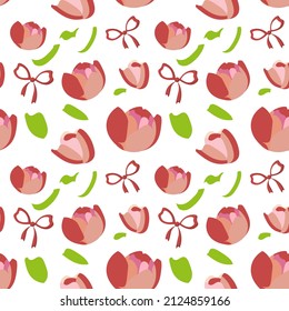 Patrón floral sin foco con flores de tulipán rosadas, hojas con arcos sobre fondo blanco.Vector, flores de primavera para tela, textiles, papel pintado, huellas, decoraciones, embalaje.