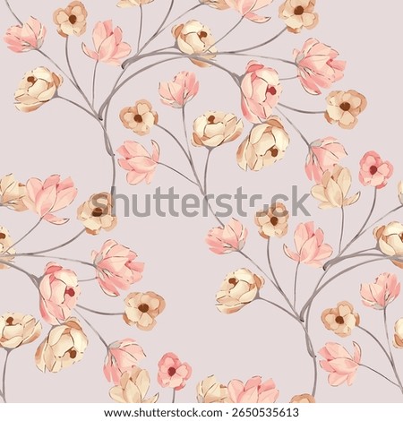 A seamless floral pattern is rendered in soft, pastel shades of pink and beige. The flowers are a mix of styles, with some resembling magnolia blossoms and others small, more delicate blooms.