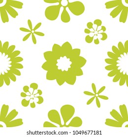 Seamless floral pattern. Repeated flowers and round spots. Vector illustration. green, white color. graphic design for paper, textile print, page fill.