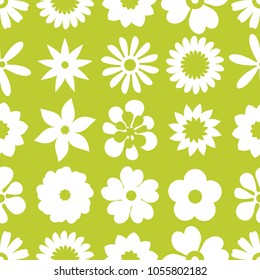 Seamless floral pattern. Repeated flowers and round spots. Vector illustration. green, white color. graphic design for paper, textile print, page fill.