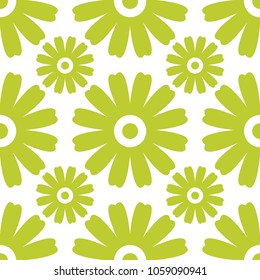 Seamless floral pattern. Repeated flowers and round spots. Vector illustration. green, white color. graphic design for paper, textile print, page fill.