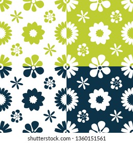 Seamless floral pattern. Repeated flowers and round spots. Vector illustration. green, white color. graphic design for paper, textile print, page fill.