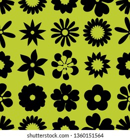 Seamless floral pattern. Repeated flowers and round spots. Vector illustration. green, white color. graphic design for paper, textile print, page fill.