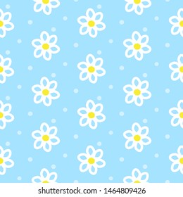 Seamless floral pattern. Repeating abstract daisies and dots on a blue background. Vector illustration.