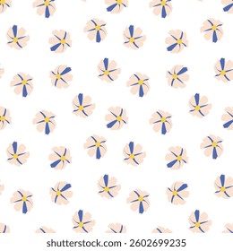 Seamless floral pattern, repeating cosmos flowers. Repeating background, print, repeatable texture, petals, blossoms,  for textile, fabric, wrapping print. Flat vector illustration.