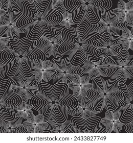 Seamless floral pattern. Repeating hand drawn vector print with simple line drawn white flowers styled as an optical illusion on a black background. Apparel textile pattern.
