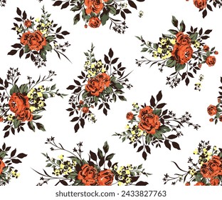 Seamless floral pattern. Repeating hand drawn vector print with a variety of orange and yellow flowers, roses and green and brown leaves on a white background. Apparel textile pattern.
