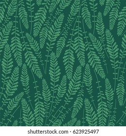Seamless floral pattern. Repeating texture of bright green twigs on deep green background. Perfect for printing on fabric or paper. Blades of grass