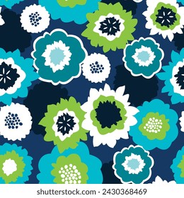 Seamless floral pattern. Repeating  vector print with blue, green and white flowers on a navy blue background.