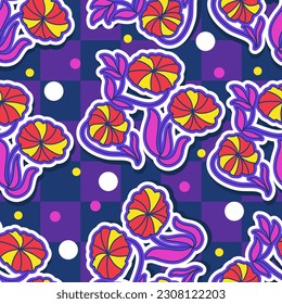Patrón floral sin foco en el estilo de los años 90 retro. Patrón Botánico Contemporáneo. Gráficos a la moda y a la moda para la moda, papel tapiz, papel envuelto, fondo, impresión, tela, textiles y ropa