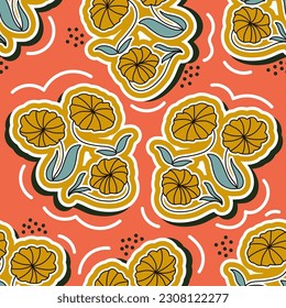 Seamless Floral Pattern in Retro 90s Style. Cute Botanical Contemporary Pattern. Trendy and Groovy Graphics for Fashion, Wallpaper, Wrapping Paper, Background, Print, Fabric, Textile and Apparel
