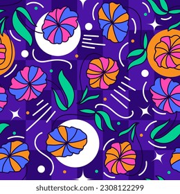 Seamless Floral Pattern in Retro 90s Style. Cute Botanical Contemporary Pattern. Trendy and Groovy Graphics for Fashion, Wallpaper, Wrapping Paper, Background, Print, Fabric, Textile and Apparel