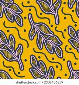 Patrón floral sin foco en el estilo de los años 90 retro. Patrón Botánico Contemporáneo. Gráficos a la moda y a la moda para la moda, papel tapiz, papel envuelto, fondo, impresión, tela, textiles y ropa