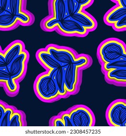 Nahtlose Blumenmuster im Retro 90er-Stil. Cute botanische zeitgenössische Muster. Trendy and Groovy Graphics for Fashion, Wallpaper, Umschlagpapier, Hintergrund, Druck, Stoffe, Textilien und Bekleidung