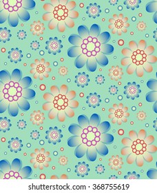 Seamless floral pattern in retro blue and orange colors. Blue background. Floral design. Abstract flowers. Retro style. Vector illustration
