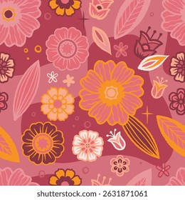 Padrão floral perfeito em estilo de desenho animado retrô. Cores rosa quente, laranja e amarela. Textura desenhada à mão. Não isolado no fundo branco.