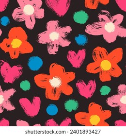 Seamless floral pattern in retro colorful style. Trendy botanical wallpaper with colorful abstract flower, hearts and dots. Pink chamomiles and daisies in y2k style. Girly childish background.