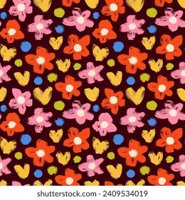 Seamless floral pattern in retro colorful style. Trendy botanical wallpaper with colorful abstract flower, hearts and dots. Pink chamomiles and daisies in y2k style. Girly childish background.