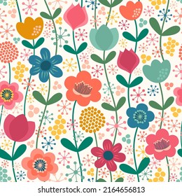 Seamless floral pattern in retro colors. Vector illustration with flowers and ovals.
