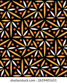 Seamless floral pattern with a retro design of small white, orange, and yellow flowers and leaves on a black background in a simple and elegant style. Abstract geometric vector illustration.