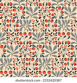 Seamless floral pattern, retro folk style ornament, tile with decorative art plants. Cute botanical design with delicate  hand drawn wild flowers, small berries, leaves, branches. Vector illustration.