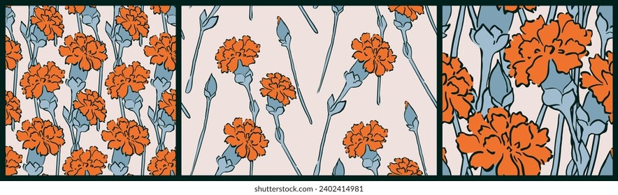 Patrón floral sin foco, colección de estampado de flores con claveles anaranjados. Hermoso diseño botánico para tela, papel pintado: flores dibujadas a mano en composición abstracta. Impresión de vectores