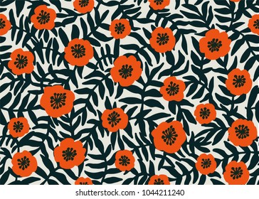 Seamless Floral Pattern. retro style Red poppies pattern with poppy flowers and dark green foliage on beige. Floral seamless background for textile, fabric, covers, wallpapers, print, gift wrap Vector