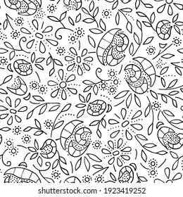 Seamless floral pattern in retro style. Black unusual flowers and leaves on a white background.Vector illustration.