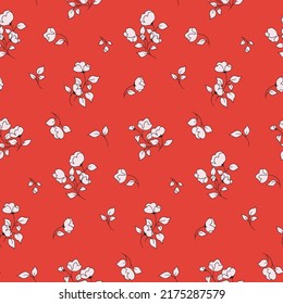 Seamless floral pattern, retro style ditsy print with small decorative flowers twigs on a red field. Cute botanical background with tiny hand drawn plants, flowers, leaves in bunches. Vector.