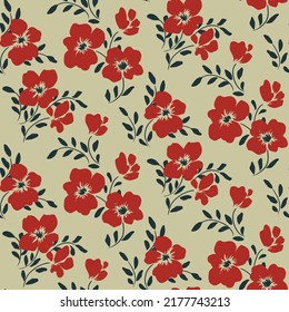 Seamless floral pattern, retro style ditsy print with decorative hand drawn plants. Rustic botanical background with red flowers, small dark leaves on a gray field. Vector.