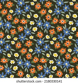 Seamless floral pattern, retro style ditsy print with a meadow surface, small multi-colored flowers on a dark green field. Liberty botanical background design with tiny flowers, leaves. Vector.