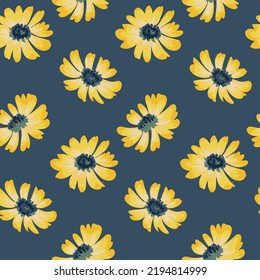 Seamless floral pattern, retro style ditsy print with large flower heads. Romantic botanical background with an abstract composition of yellow hand drawn flowers on a blue surface. Vector.