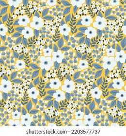 Impresionante estampado floral con prado decorativo de estilo retro. Impresión botánica corta con plantas dibujadas a mano: flores blancas, follaje azul, varias hojas pequeñas, hierbas en un fondo amarillo. Vector.