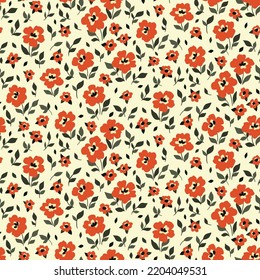 Seamless floral pattern, retro style ditsy print with hand drawn flowers meadow. Romantic botanical design with small orange flowers, various leaves on a light background. Vector illustration.