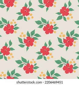 Seamless floral pattern, retro style ditsy print with decorative art botanical arrangement. Simple design with bouquets of hand drawn red, yellow flowers, leaves on a light background. Vector.