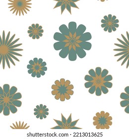 A seamless floral pattern in retro style, 70s wallpaper, geometrical turquoise daisies on a white background