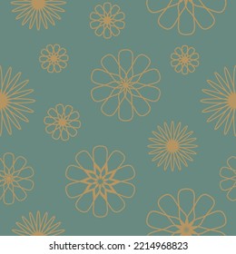 Ein nahtloses Blumenmuster im Retrostil, Tapete aus den 70er Jahren, geometrische Gänseblümchen auf türkisblauem Hintergrund