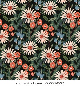 Patrón floral sin foco, estampado de flores de estilo retro con jardín salvaje. Diseño botánico con plantas dibujadas a mano: grandes camomilas, flores, hojas, ramas sobre un fondo oscuro. Ilustración del vector