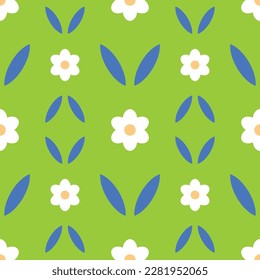 Seamless floral pattern in retro style. Stylized daisies on a green background. Abstract composition with flowers. Texture for printing on textiles and packaging.