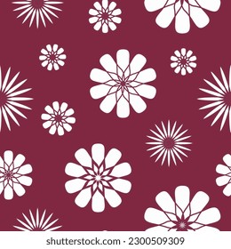 A seamless floral pattern in retro style, white daisies on a dark red background, 70s style floral wallpaper