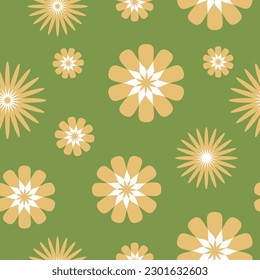 Patrón floral sin fisuras de estilo retro, marquesinas amarillas de fondo verde, tapicería floral de los años 70