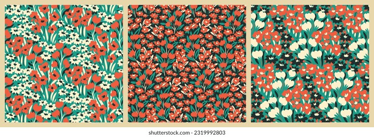 Seamless floral pattern, retro style ditsy print in a set. Botanical design with hand drawn liberty meadow: small wild plants, tiny red flowers, leaves on green, black background. Vector illustration.