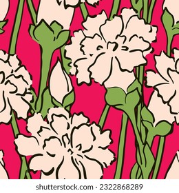 Seamless floral pattern, retro style ditsy print with line art flora. Beautiful botanical design for fabric, paper: hand drawn white carnation flowers on a bright red background. Vector illustration.