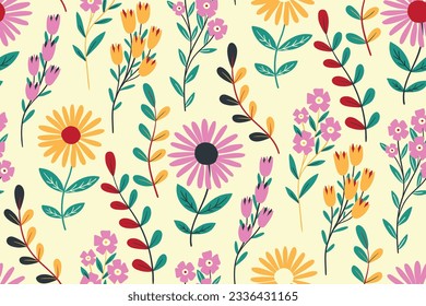 Seamless floral pattern, retro style ditsy print with funny cartoon plants. Cute botanical design: large hand drawn daisies, leaves, sprigs of small flowers on a light background. Vector illustration.