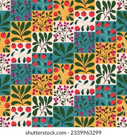 Patrón floral sin foco, adorno de estilo retro con arte decorativo de plantas silvestres. Diseño botánico colorido, baldosa con flores dibujadas a mano, ramas, hojas, bayas. Ilustración vectorial.