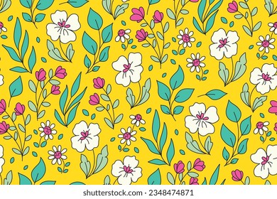 Impresionante estampado floral con pradera de estilo retro. Impresión veraniega de color, fondo botánico colorido con plantas silvestres dibujadas a mano, flores de contorno pequeño, hojas en campo amarillo. Ilustración vectorial.