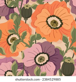 Seamless floral pattern, retro style ditsy print with large buds of poppies. Botanical surface design with 70s motif with wild plants, hand drawn flowers, leaves. Vector illustration.